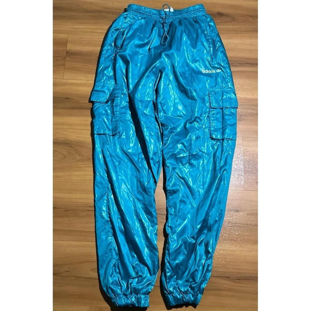 Adidas Original Teal Cargo Drawstring Shiny Glossy Break Dance Jogger Pants - Picture 3 of 6